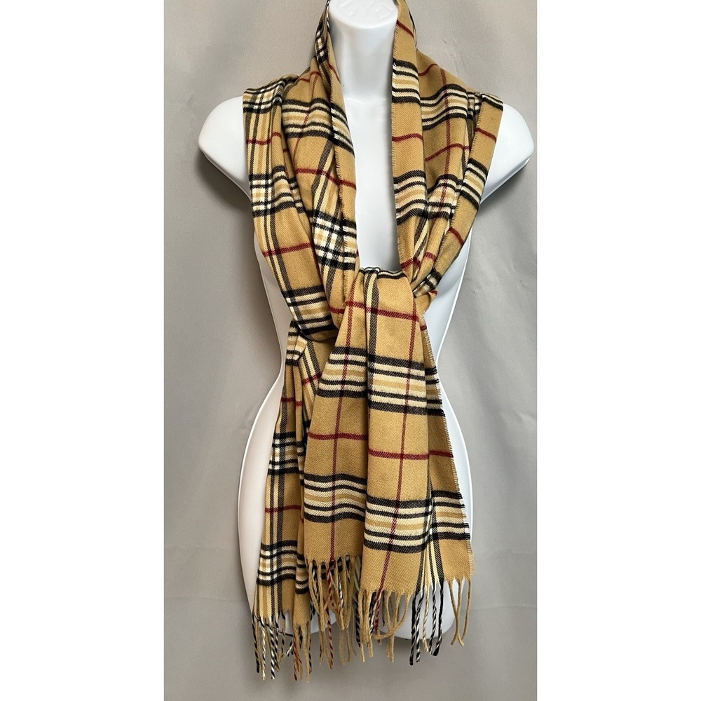 V. Fraas Cashmink Fringe Scarf Nova Check Print Soft Tan Red Black White Women's